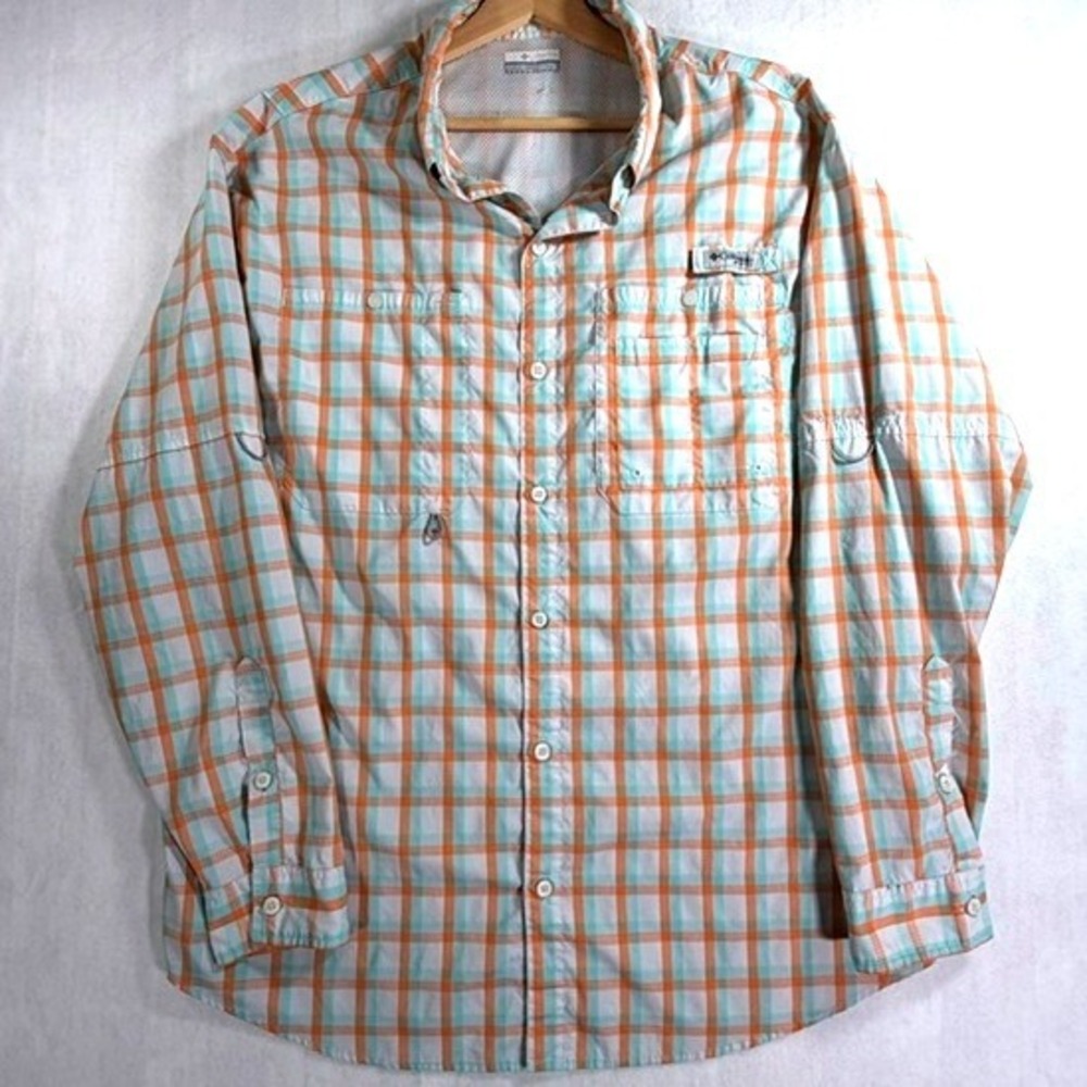 Columbia PFG Fishing Shirt Men XXL Orange Teal Plaid Omni-Shade Long Sleeve